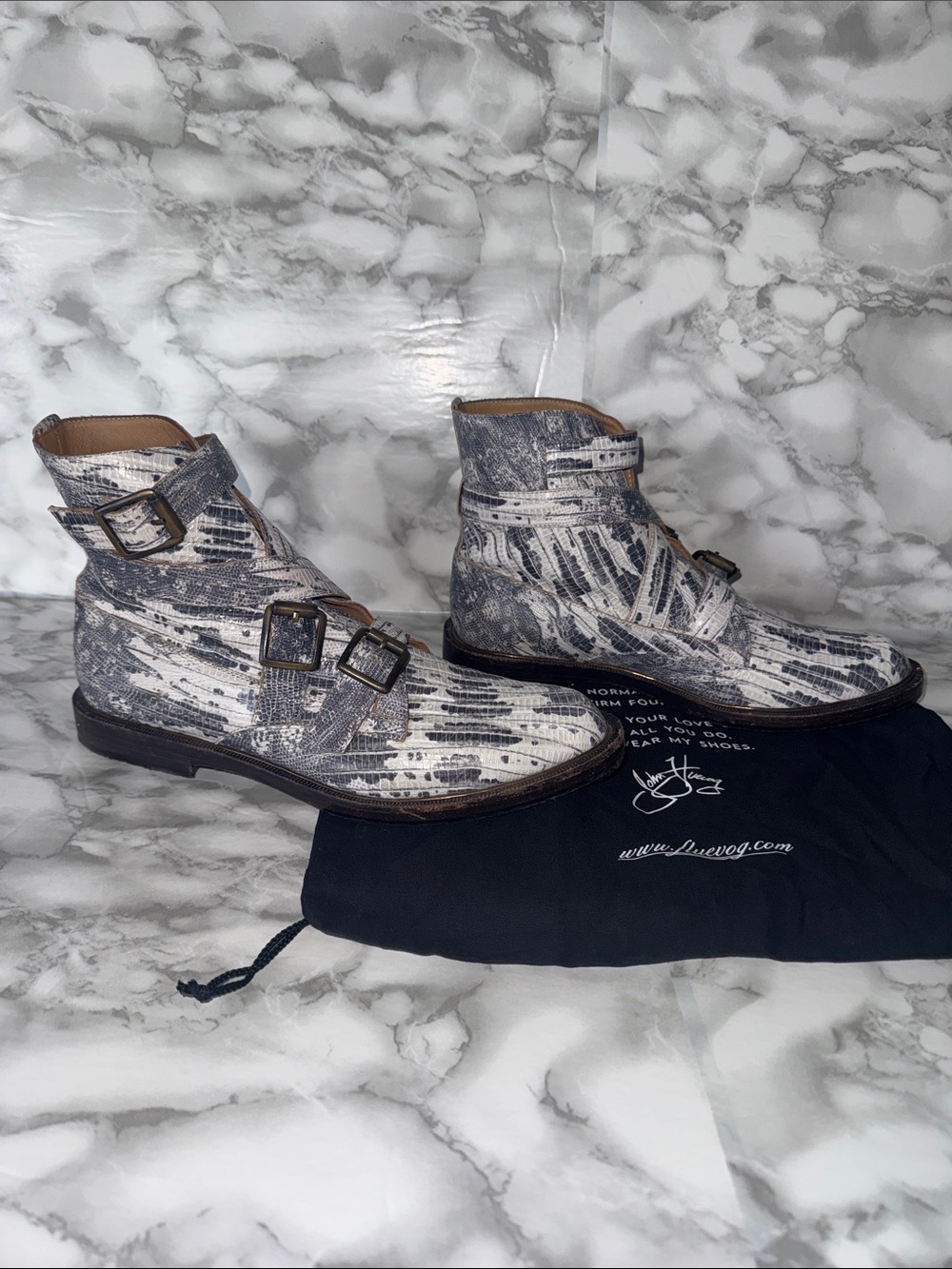 John Fluevog -Modvog Darin Snake Print Leather Moto Boots with dust bag size 9
